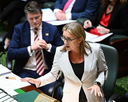 Victorian premier Jacinta Allan speaks in parliament as deputy premier Ben Carroll looks on in October 2023.