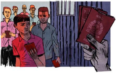 Illustration of passports being taken away from workers