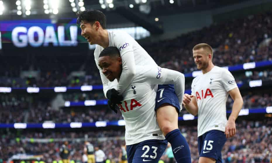 Steven Bergwijn celebrates scoring Tottenham’s fifth goal with Son Heung-min.