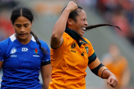 Australia’s Cecilia Smith celebrates after scoring her side’s eighth try.
