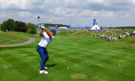 Xander Schauffele hits a tee shot at Le Golf National