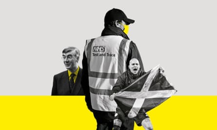 Composite of Jacob Rees-Mogg, a worker with test and trace on the back of their hi-vis, and a Scotland football fan