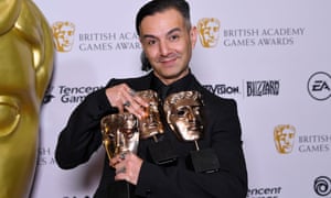 Tameem Antoniades, co-founder of Ninja Theory, with Baftas won by Hellblade: Senuaâs Sacrifice.
