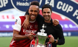 Mikel Arteta (right) said Pierre-Emerick Aubameyang ‘is loved by everyone’ at Arsenal, adding: ‘I think he will stay.’