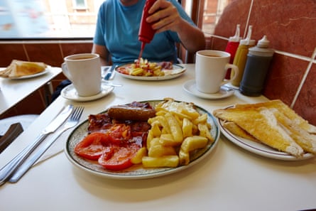 English fried breakfast for two in a greasy spoon cafe in central London