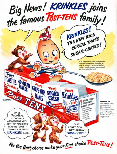 A breakfast cereal advertisement from the 1920s for Krinkles with a rice cereal figure holding a spoonful of the cereal