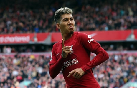 Roberto Firmino celebrates after scoring for Liverpool.