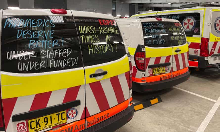 NSW ambulances with protest messages chalked on