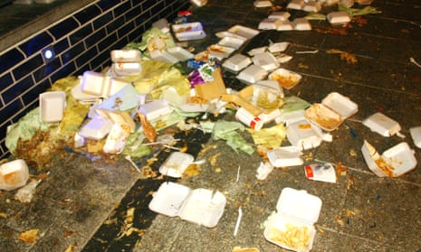 Takeaway food rubbish left on a pavement in Cardiff, Wales. The Dimbleby review notes the ‘guaranteed market’ assured by high-calorie food.
