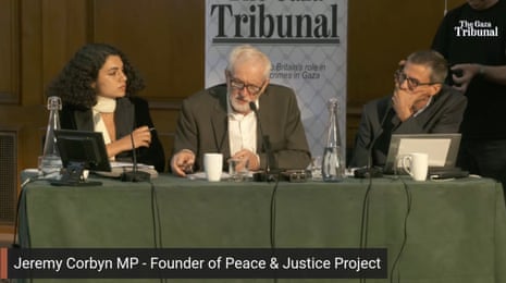 Jeremy Corbyn (centre) chairing a Gaza Tribunal hearing today