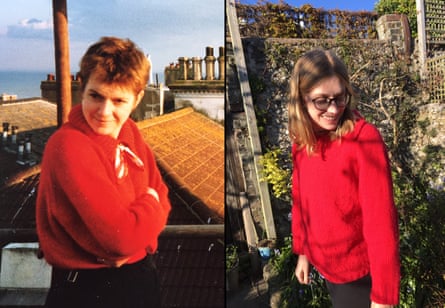 Sue Rubinstein in her red wool jumper in the 1980s, and her daughter in the replacement, knitted by her grandmother from the same pattern