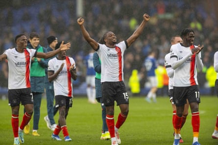 Luton’s players after their win at Everton. Next up: a trip to Forest