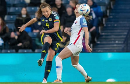 Rachel Corsie plays a ball into the box during the Scotland’s's Euro qualifier against Slovakia at Hampden Park in April 2024.