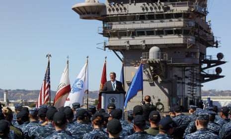 Ash Carter speaks to sailors on the USS Carl Vinson in San Diego on Thursday. The US wanted to remain the ‘security partner of choice’ in the region.