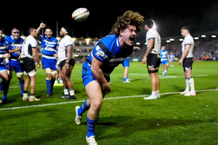 Alfie Barbeary celebrates after scoring against Saracens in March