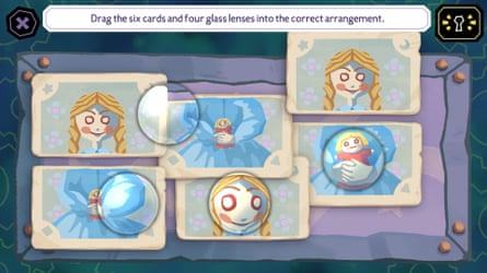 Drag the six cards and four glass lenses into the correct arrangement. The cards show a girl holding a doll, the lenses magnify or reduce the image below them.