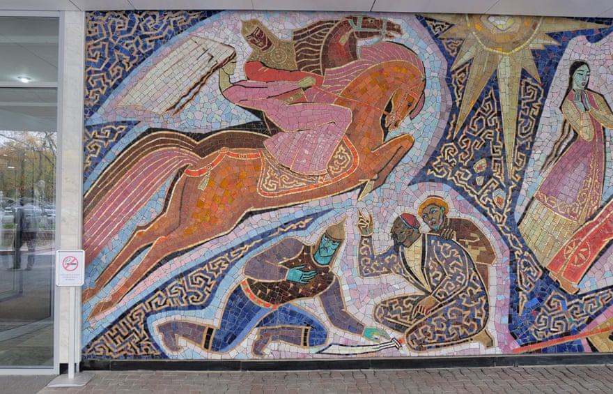 1965 Enlik-Kebek mosaic on the outside of the Hotel Almaty, Kazakhstan