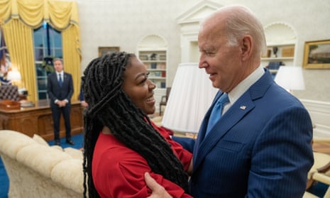 Joe Biden with Cherelle Griner, Brittney Griner’s wife, in the Oval Office on Thursday.