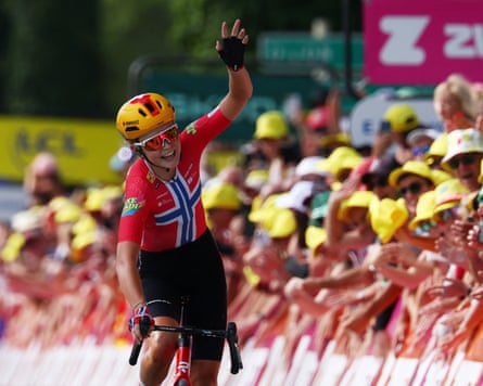 Uno-X Mobility’s Sigrid Haugset celebrates as she crosses the finish line to win stage 3
