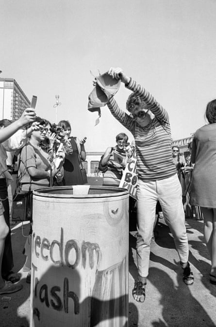 Miss America Pageant Protest in Atlantic City, 8 September 1968. A woman throws a bra into a trash can.