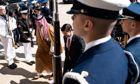 Saudi Arabia’s vice minister of defense, Prince Khalid bin Salman, and US defense secretary, Mark Esper, walk to a meeting at the Pentagon in Washington, on 29 August.