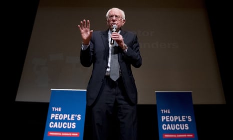 Democratic presidential candidate Senator Bernie Sanders speaks at ‘The People’s Caucus: Vote Truth to Power’ in Davenport, Iowa, on Sunday.