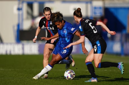 Chelsea’s Catarina Macario battles with Crystal Palace’s Molly-Mae Sharpe and My Cato during their Women’s FA Cup quarter-final.