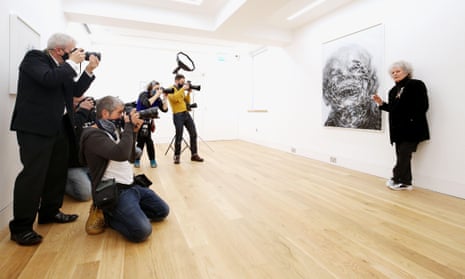 Artist Maggi Hambling being photographed for her exhibition at the Marlborough Gallery in London in 2020