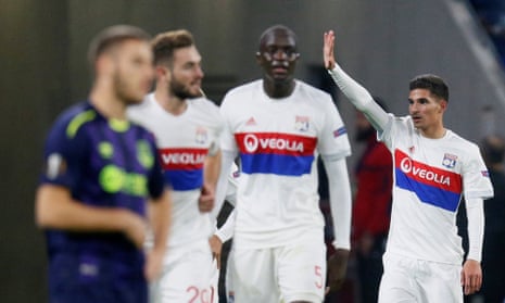 Lyon’s Houssem Aouar celebrates scoring their second goal.