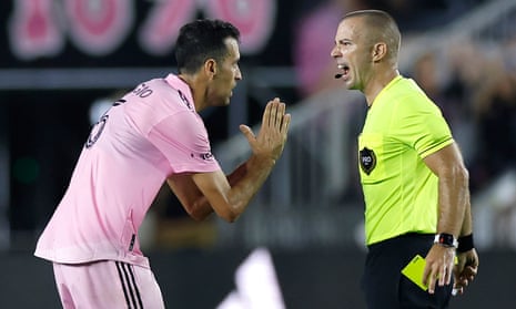 Sergio Busquets, left, argues with the referee in the first half during an August match between Nashville SC and Inter Miami CF at DRV PNK Stadium.