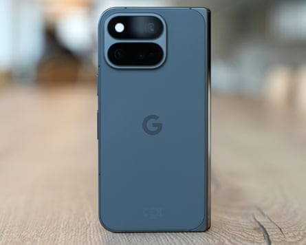 The back of the Google Pixel 11 Pro Fold stood up on a table