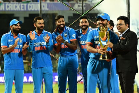 India’s captain Rohit Sharma receives the Asia Cup from the chief of the Board of Control for Cricket in India and president of the Asian Cricket Council Jay Shah in September