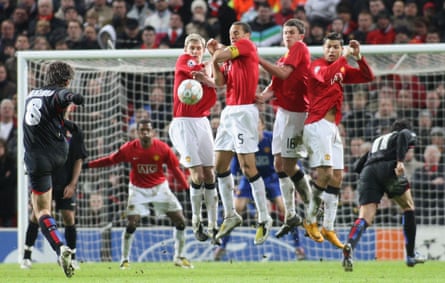 Juninho takes a free-kick against Manchester United in the Champions League in March 2008.