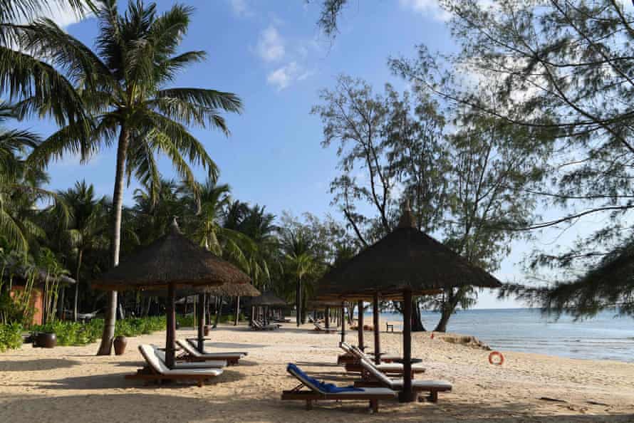 Beach chairs arranged along a shore on Phu Quoc island in November 2021, as the island prepared for its first international tourists to arrive after a Covid vaccine passport scheme kicked off that month in Vietnam.