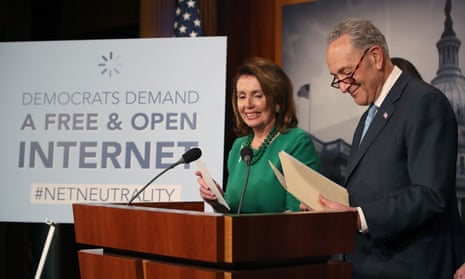 House minority leader Nancy Pelosi, pictured with her Senate counterpart Chuck Schumer, said the FCC repeal was a ‘brazen giveaway at the expense of American families and citizens’.