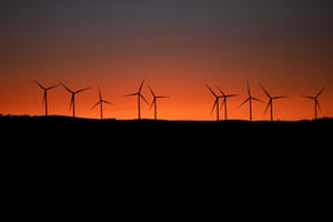 Wind turbines on a hill at sunset near Collector NSW.