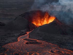 Lava flows from a small volcano