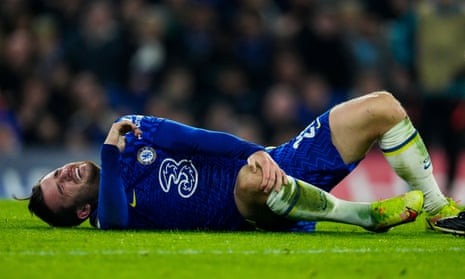 Ben Chilwell holds his right knee after injuring it during Chelsea’s Champions League win at home against Juventus.