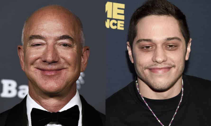 Pete Davidson (right) will be among the six passengers on the next launch of the Blue Origin space travel company owned by Jeff Bezos (left).