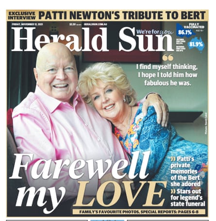 Bert Newton and wife Patti on the front page of Melbourne’s Herald Sun ahead of his state funeral in November 2021.