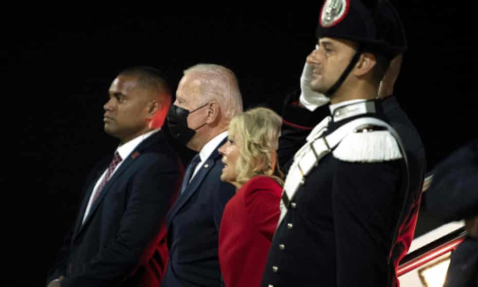 Joe Biden and Jill Biden arrive at Rome airport to take part in the G20 summit.