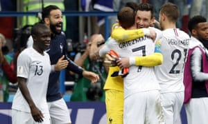 French players celebrate at the end of their win over Uruguay.