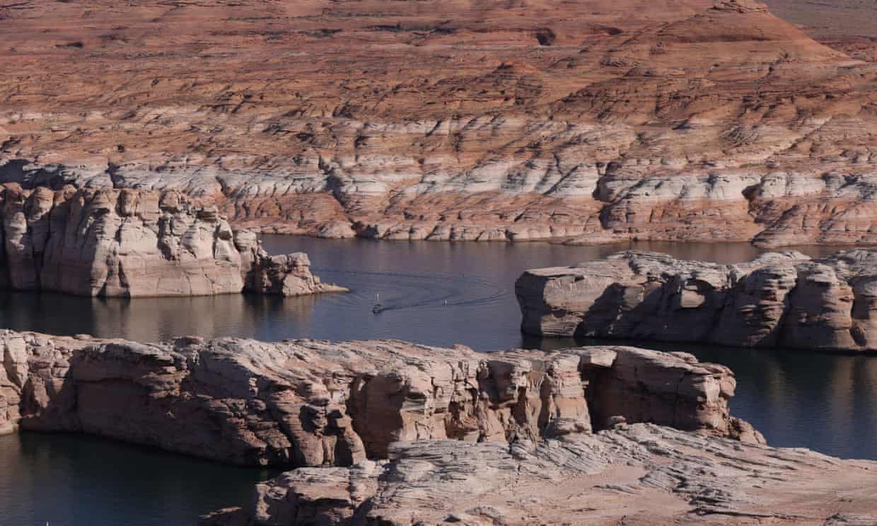 The growing shoreline of Lake Powell is visible with low water levels not seen since the lake was filled in the 1960s.