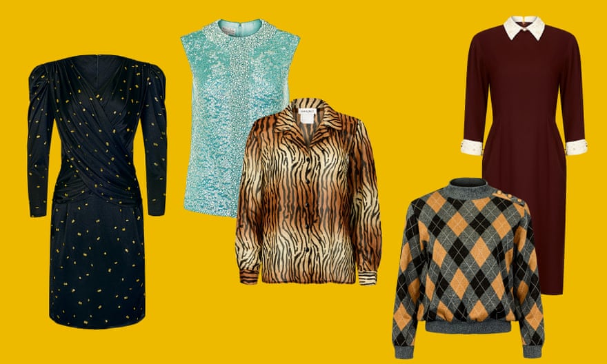 Perfect for this season … from left: 80s-style dress, £34, and sequinned top, £28, both at Beyond Retro. Tiger print blouse, £30, and argyle sweater, £28, both Rokit. Dress, £29, Beyond Retro.