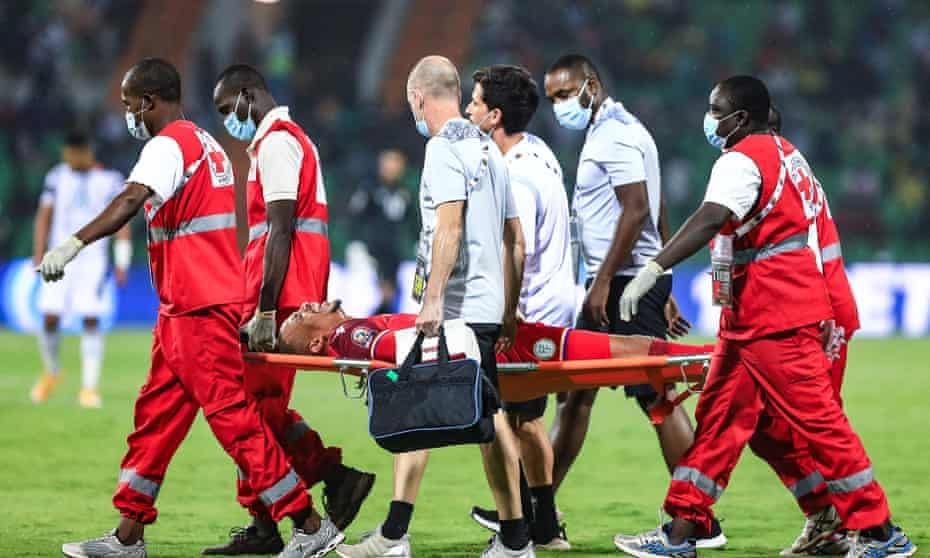 Comoros' goalkeeper Salim Ben Boina was stretchered off during game with Ghana.