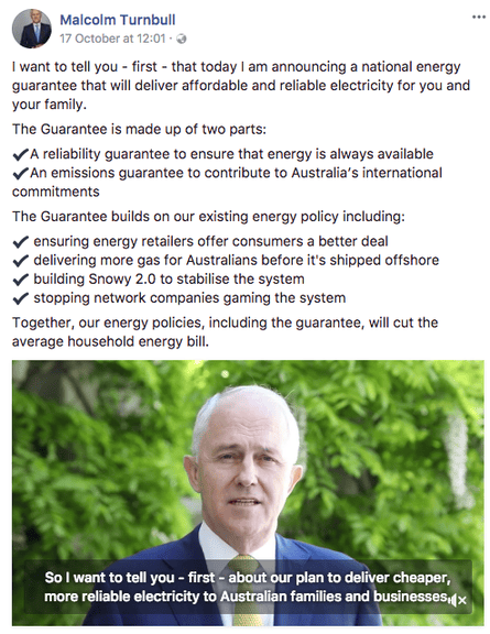 The post from Malcolm Turnbull’s Facebook page that was sponsored and targeted to users from Australia over 25 and interested in ‘family’