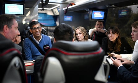 Rishi Sunak speaks with journalists on the Tory campaign bus on its way to Grimsby from Doncaster.