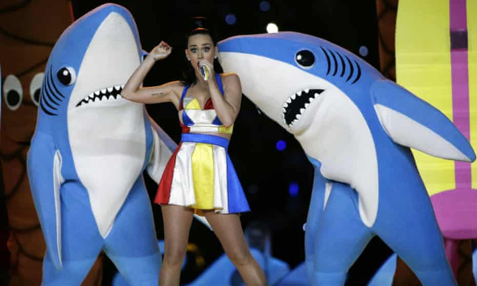 Katy Perry, flanked by her dancing sharks during the Super Bowl halftime show.