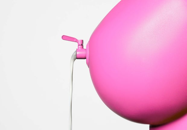 Pink balloon shaped like a breast, with a tap on the front and a stream of milk flowing down