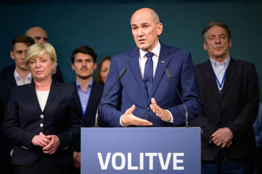 Janez Janša delivers a speech after Slovenia’s parliamentary elections on Sunday.